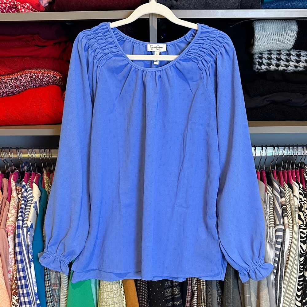 Jessica Simpson blue long sleeve smocked shoulder blouse size S NWT